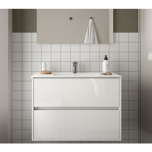 Mobile bagno monoblocco bianco lucido con specchio e colonna