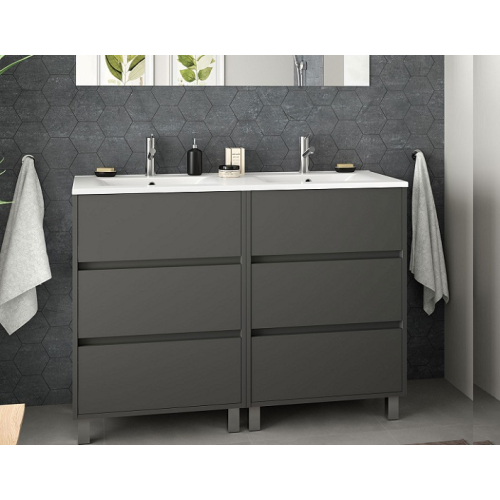 Mobile bagno a terra 60 cm bianco lucido, lavabo cemento opaco