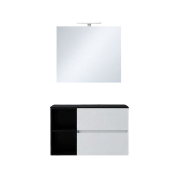 Mobile Bagno 90 cm Molly Bianco Lucido/Nero con Due Cassetti, Vano a Giorno Specchio e Lampada