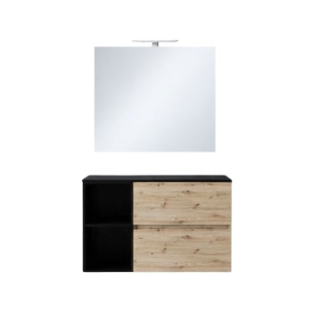 Mobile Bagno 90 cm Molly Rovere Nodato/Nero con Due Cassetti, Vano a Giorno Specchio e Lampada