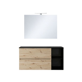 Mobile Bagno Molly 110 cm Rovere Nodato e Nero con Vano a Giorno, Specchio e Lampada