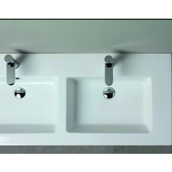 Lavabo consolle suspendu/à poser 121x51 rectangulaire deux trous double vasque en céramique blanche brillante